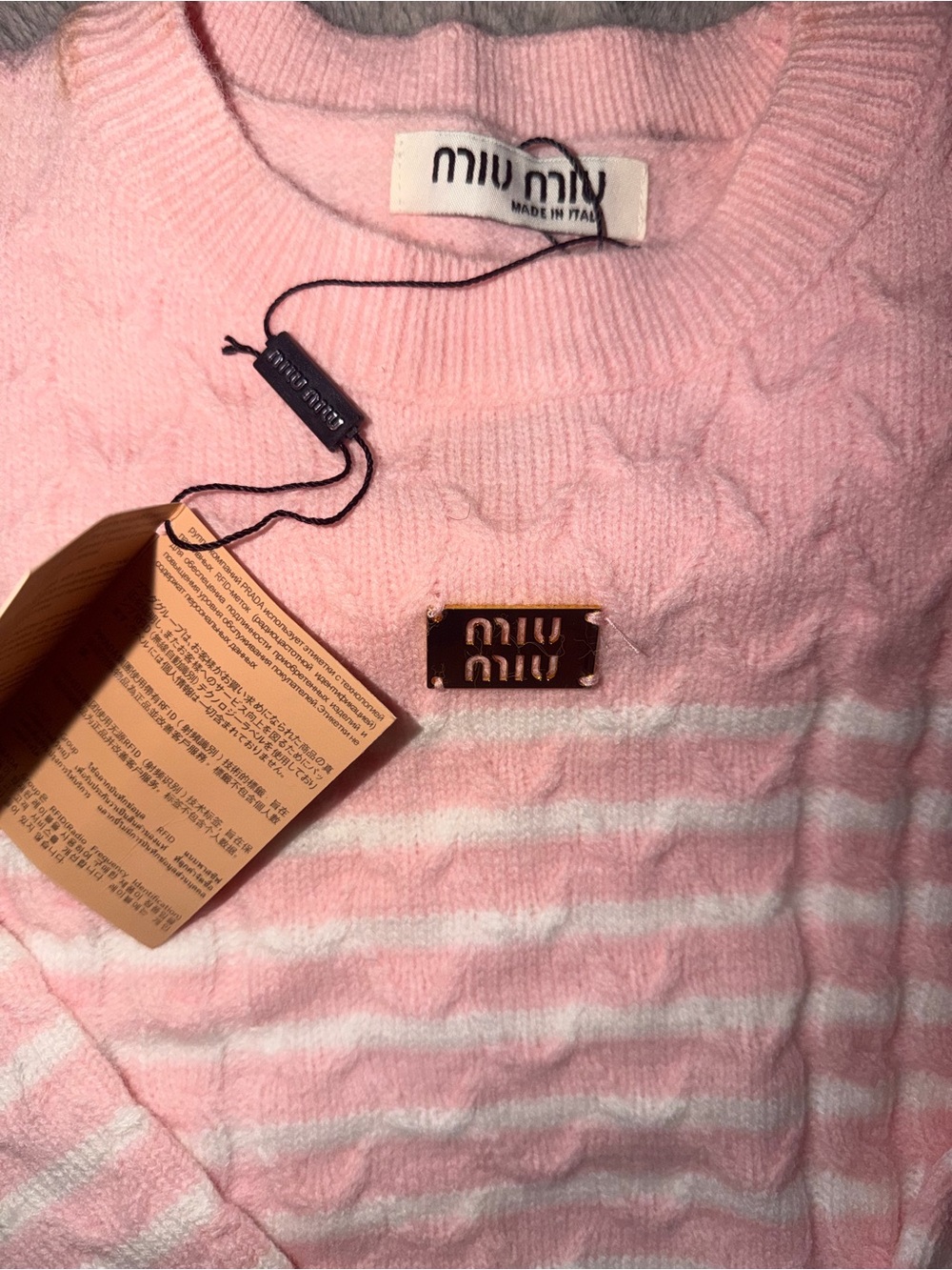Miu Miu Pink and White Striped Cable Knit Crewneck Sweater - Picture 2 of 4